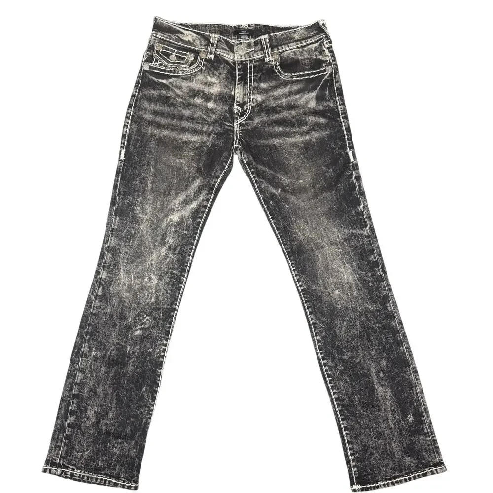 True Religion Ricky Relaxed Straight Acid Wash Black Jeans 33 Stitch